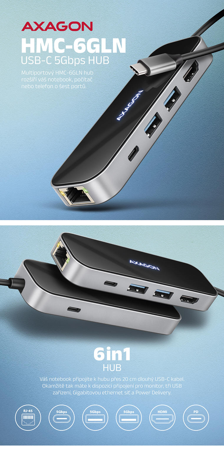 AXAGON HMC-6GLN USB-C 6in1 HUB