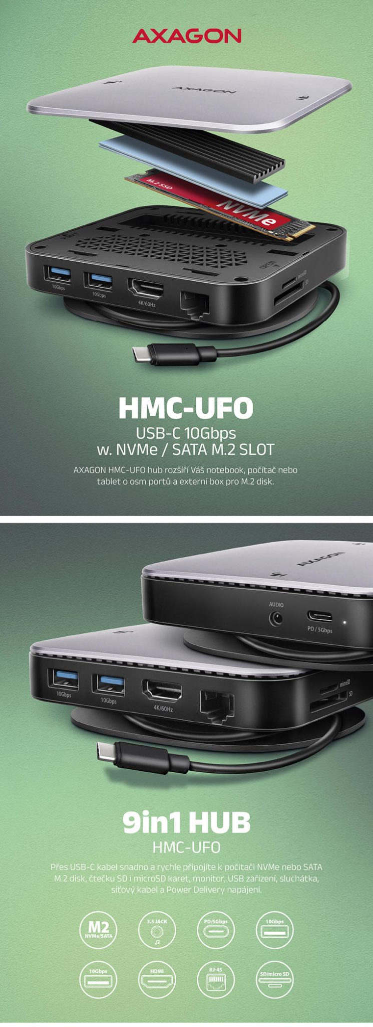 AXAGON HMC-UFO USB-C 9in1 HUB s NVMe/SATA M.2 slot