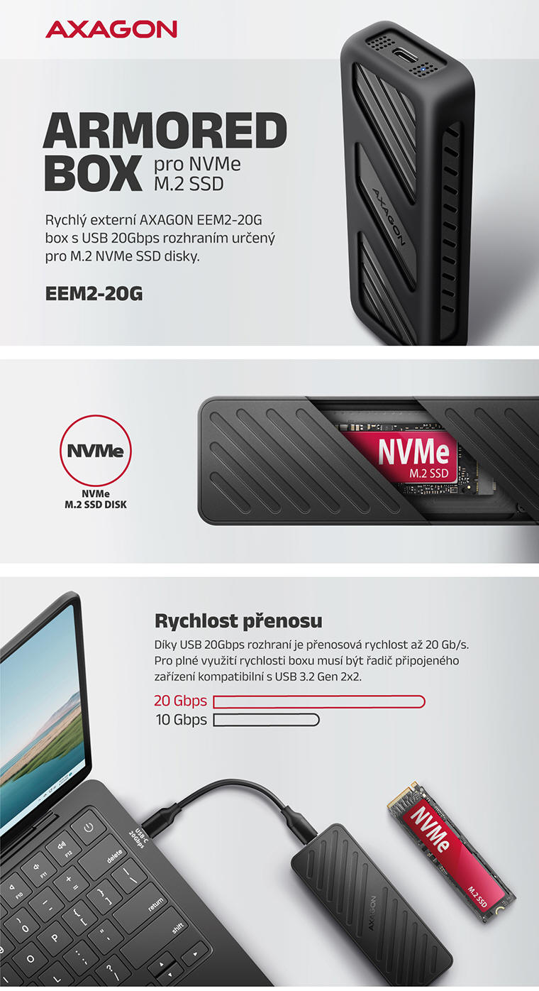 AXAGON EEM2-20G rychlý externí USB-C box pro NVMe disky až 20Gbps