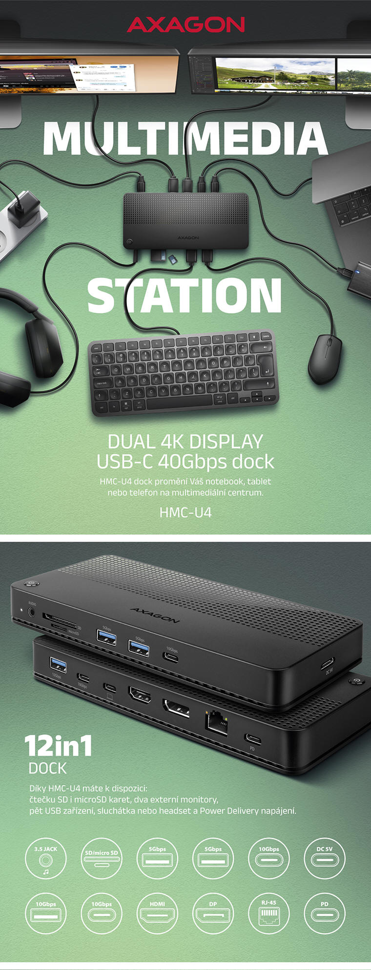 AXAGON HMC-U4 USB-C 12in1 HUB/DOCK až 100W