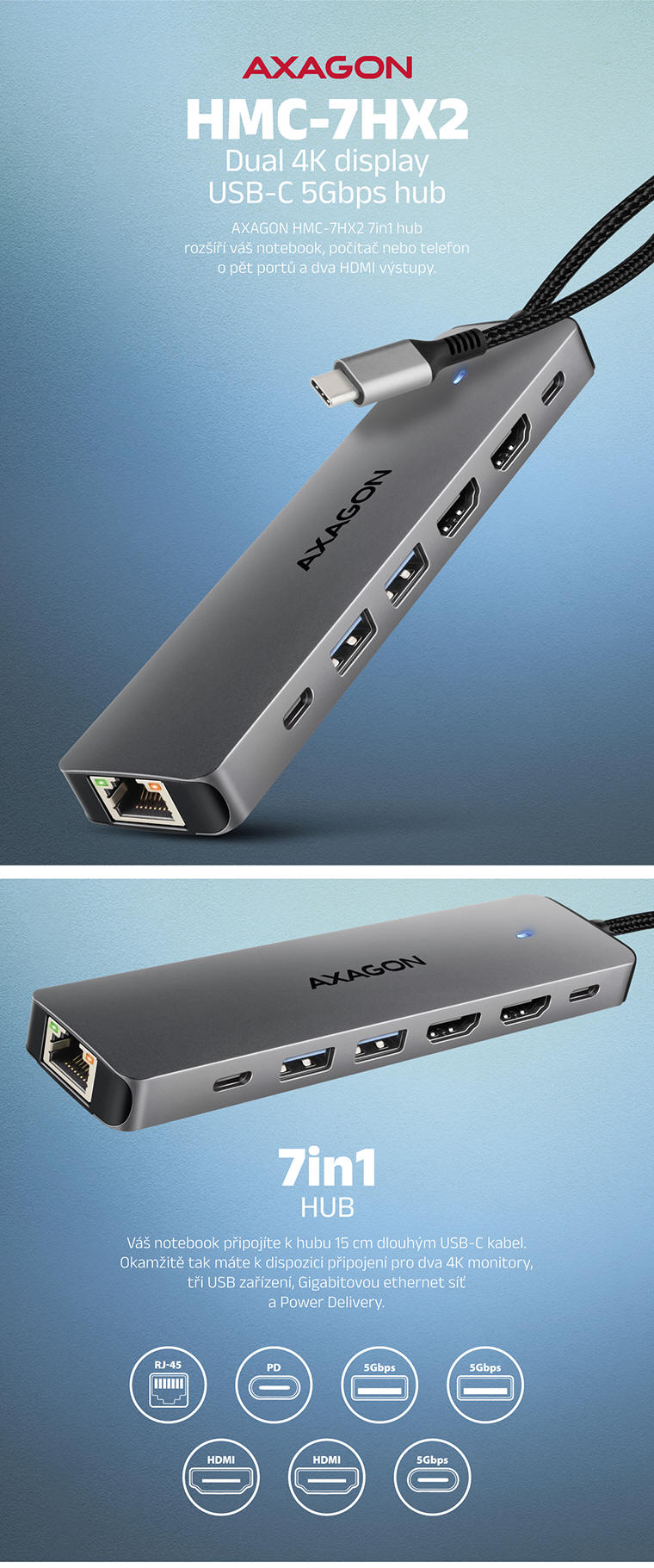AXAGON HMC-7HX2 USB-C 7in1 HUB 4k