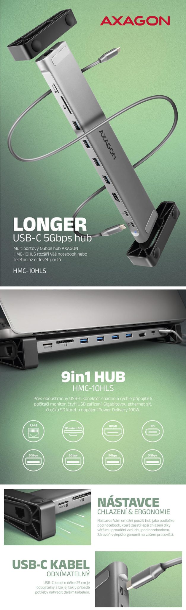 AXAGON HMC - 10HLS USB-C 9in1 HUB
