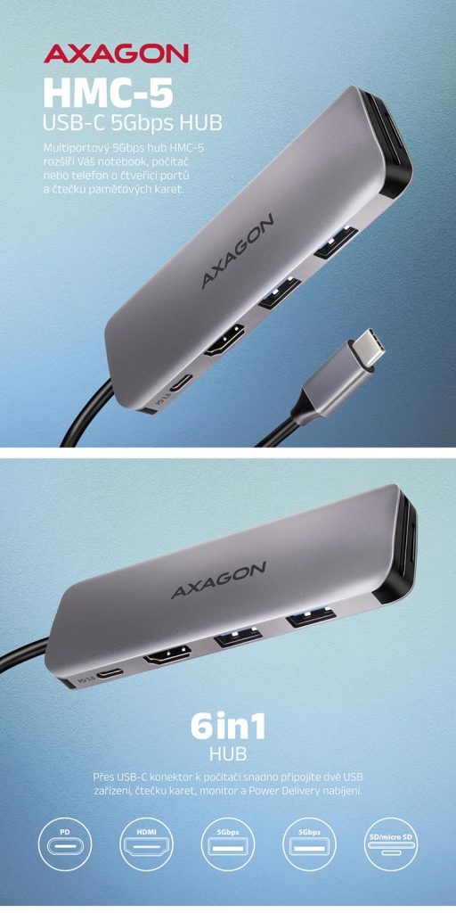 AXAGON HMC-5 6 in 1 HUB až 4k