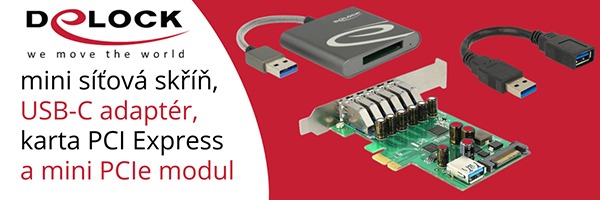 Delock mini síťová skříň, USB-C adaptér, karta PCI Express a mini PCIe modul